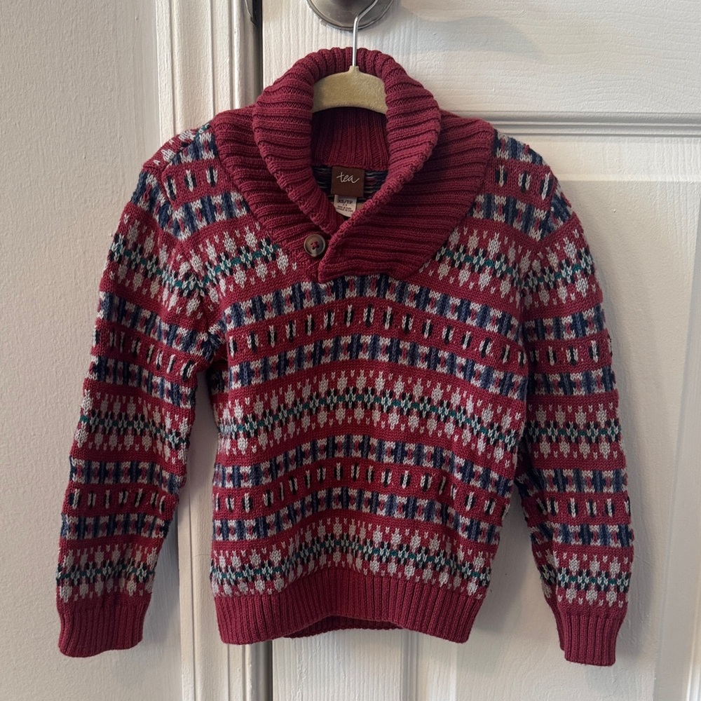 Tea Collection Burgundy Shawl Collar Fair Isle Cardigan Sweater (size 2-3)